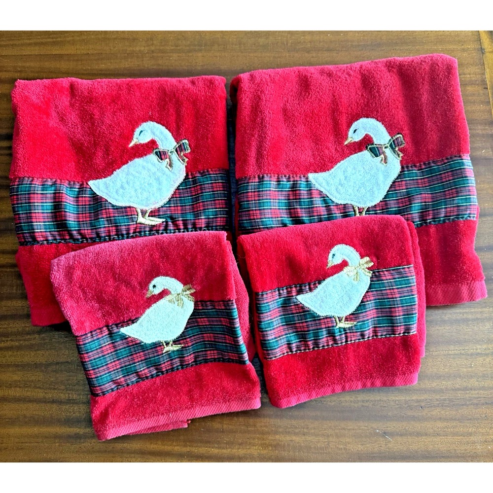 Vintage R.A. Briggs Goose Towel Set 4 Sears Christmas Bath Hand Tartan Plaid Red